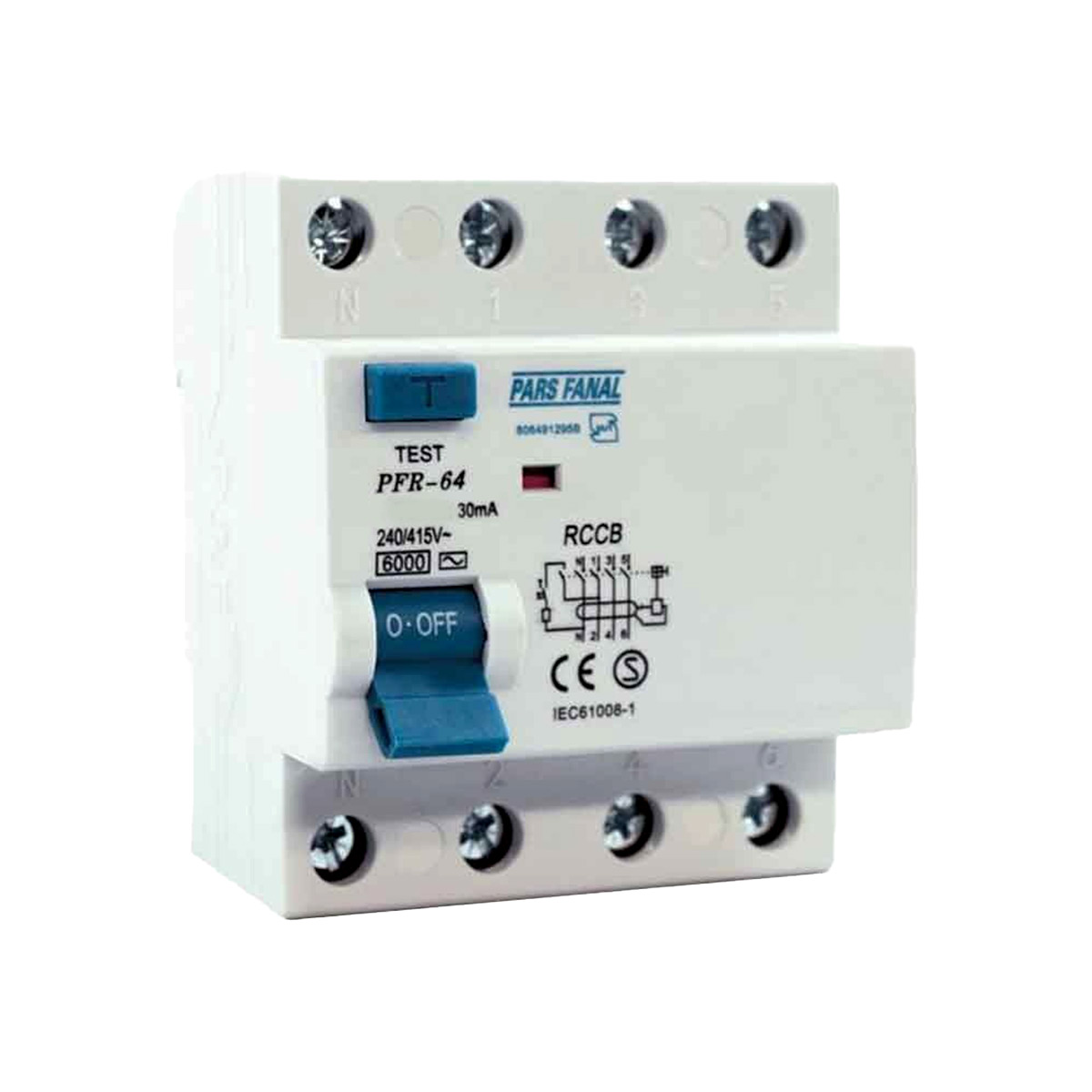 تصویر کلید محافظ جان چهار پل 16 آمپر پارس فانال مدل PFR-4P-16A-6K-30mA